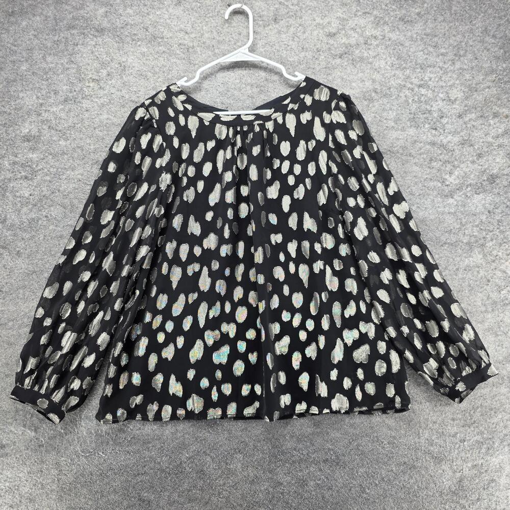 Talbots Blouse Womens XL Black Animal Print Bow Lined Chiffon Relaxed Fit
